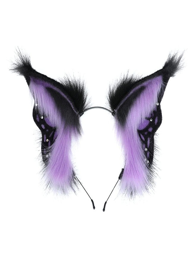 Fxaelian Cosplay Animal Purple Butterfly Fairy Fox Wolf Cat Dog Ears Headband Hairband Halloween Costume Party Headpiece Headwear Hair Accessories Fluffy Faux Fur - Image 1